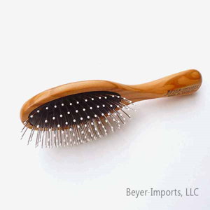 Mini Paddle Hairbrush w/ anti-static Metal Bristles, Knobs - Olive wood #064-M